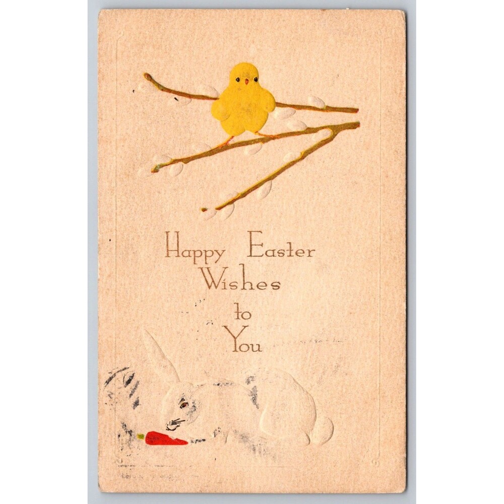 Postcard Antique Chick Willow Rabbit Posted c1910s Embossed Gibson Lines Easter